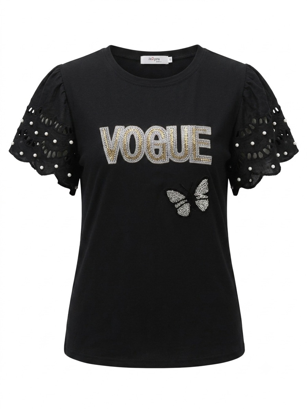STUNNING VOGUE Rhinestone & Pearl Statement Top M